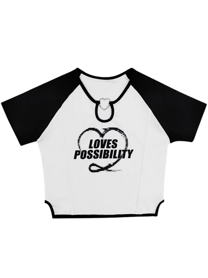 Heart Ring Key Neck Raglan Print T-Shirt