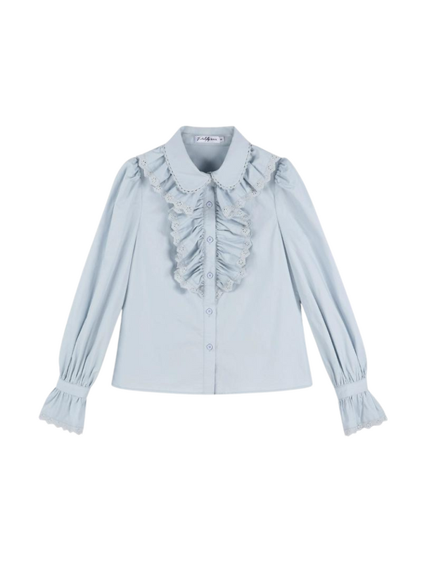 フレンチレトロブルーラッフルシャツ＋ジャカードショートパンツ