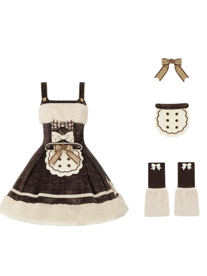 Biscuit print jumper skirt + ribbon + mini -pen + leg warmer [Reservation product]