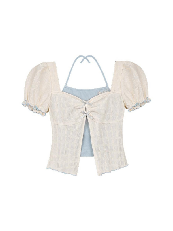 ホルターネックフェイクツーピースパフスリーブトップス