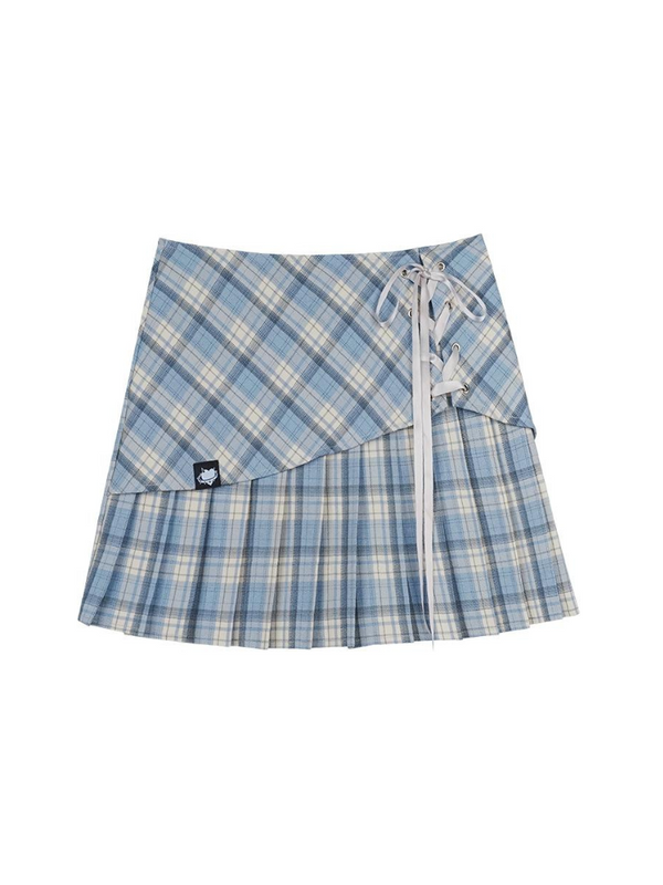 Lace-up Check Retro Blue Skirt