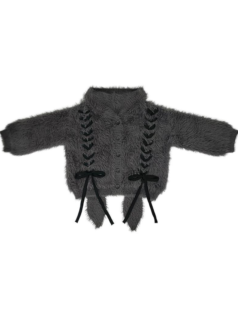 Rabbit Hooded Shaggy Lace-up Knit Cardigan