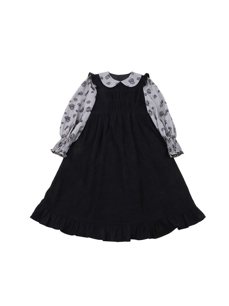 Black Splicing Faux Two Piece Doll Collar Middle Dress