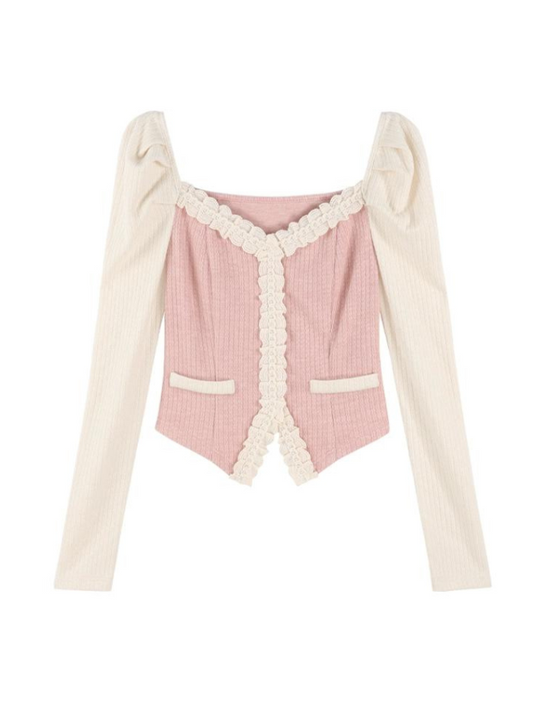 French Girly Puff Shoulder Ruffle Slim Knit Top + Pleated Skirt