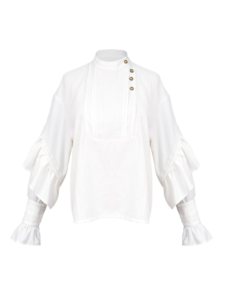 Chemise en mousseline de soie blanche à épaules tombantes et dentelle rétro