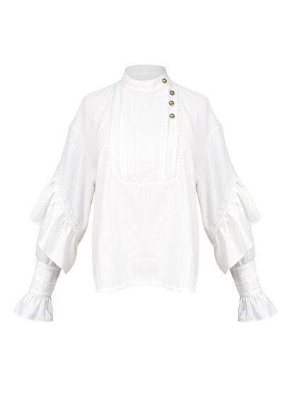 Chemise en mousseline de soie blanche à épaules tombantes et dentelle rétro