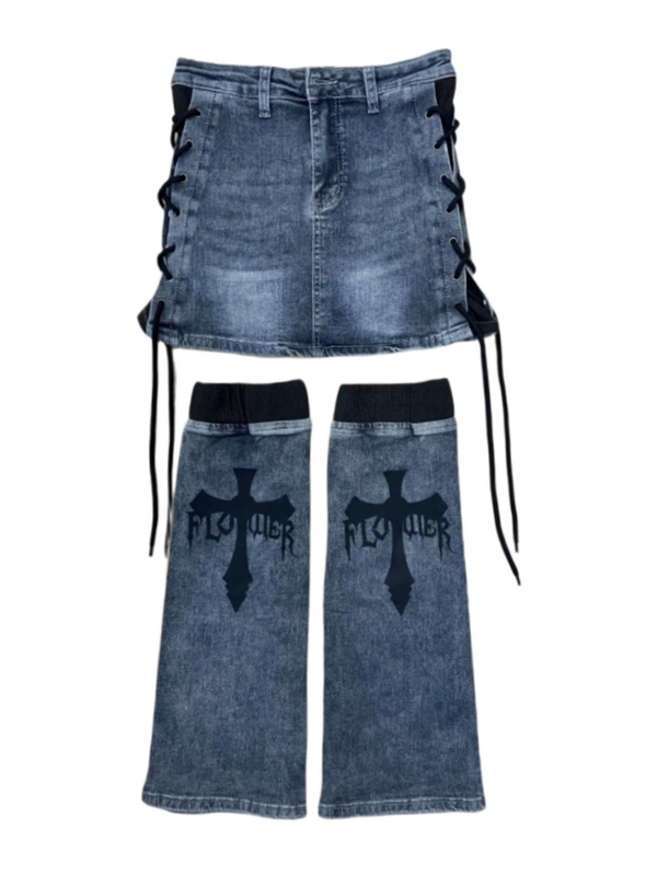 Dark Side Lace Up Denim Skirt + Cross Print Denim Leg Warmers