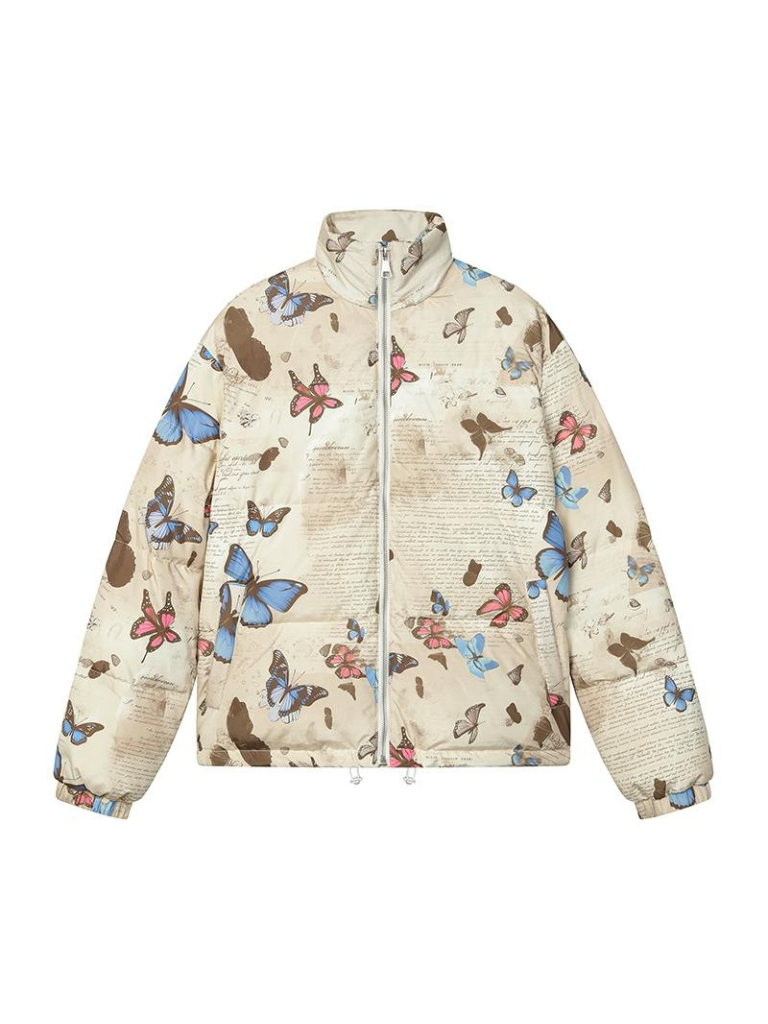 Butterfly Print Short White Duck Down Jacket