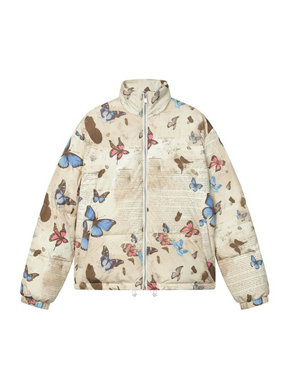 Butterfly Print Short White Duck Down Jacket