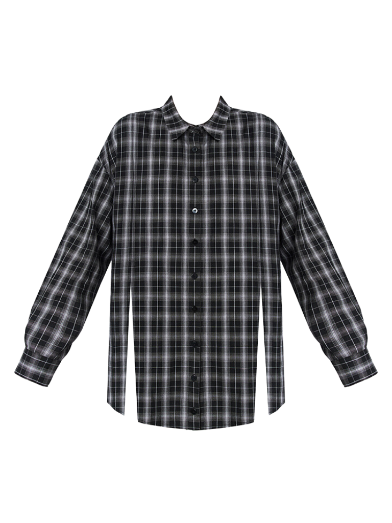 Black Gray Check Slit Casual Loose Shirt