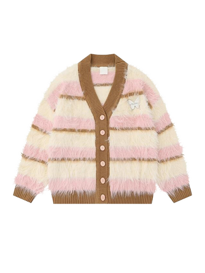 Retro Contrast Striped Fur V-Neck Cardigan