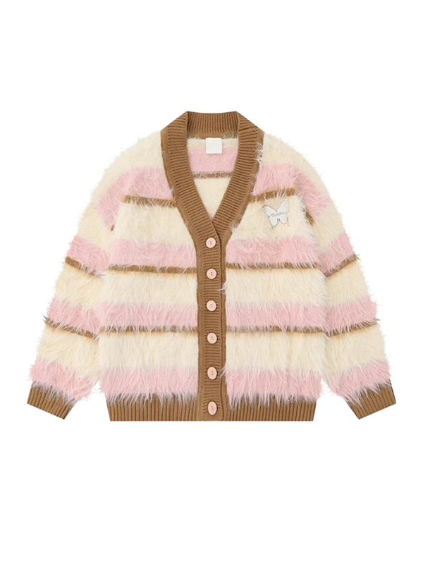 Retro Contrast Striped Fur V-Neck Cardigan