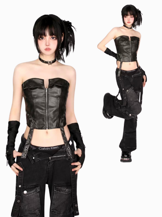 KNOW8 niche design sense bandeau vest babes wear leather vest straps