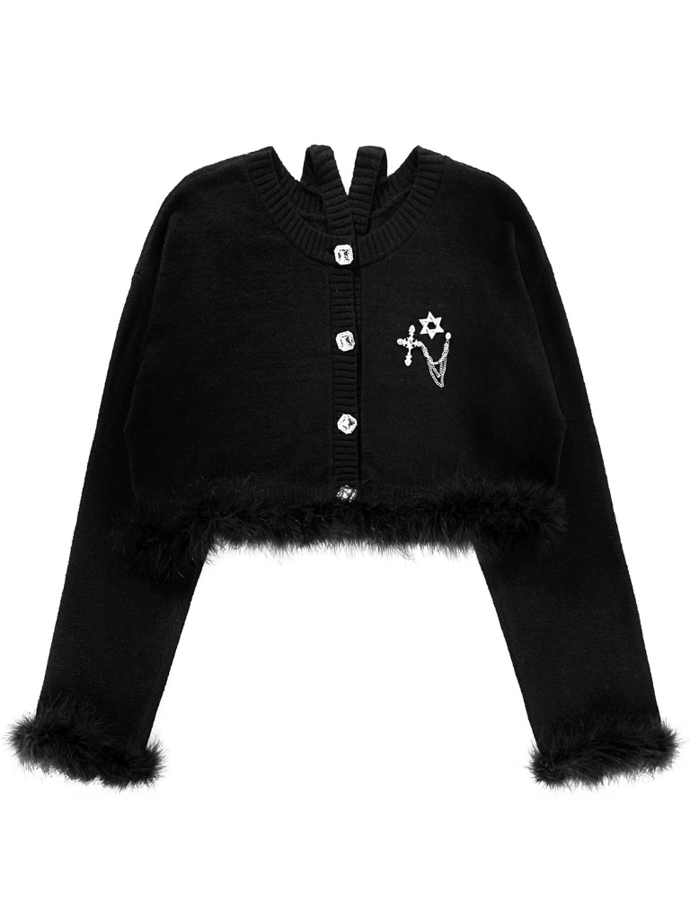 Pure Dzire Diamond Buckle Cross Feather Knit Sweater Jacket