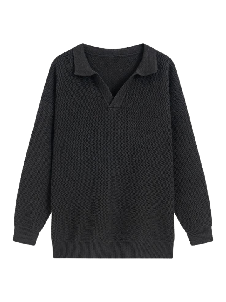 Polo Collar V-Neck Wave Knit Loose Sweater