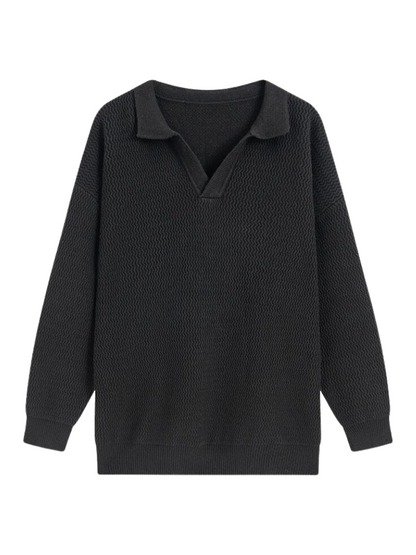 Polo Collar V-Neck Wave Knit Loose Sweater