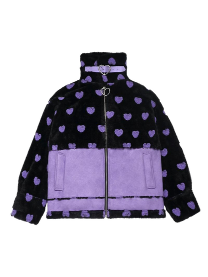 Manteau de fourrure à col roulé noir et violet