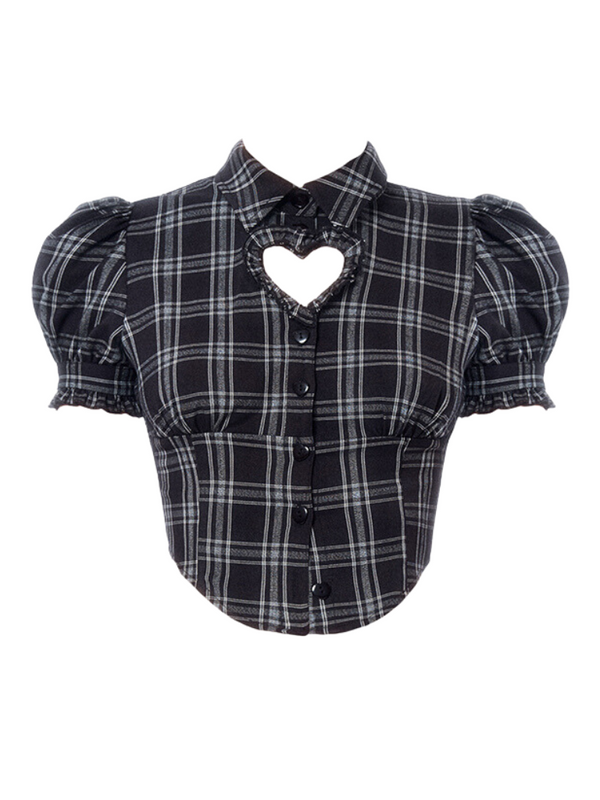 Dark Cool Check Open Heart Puff Sleeve Short Shirt