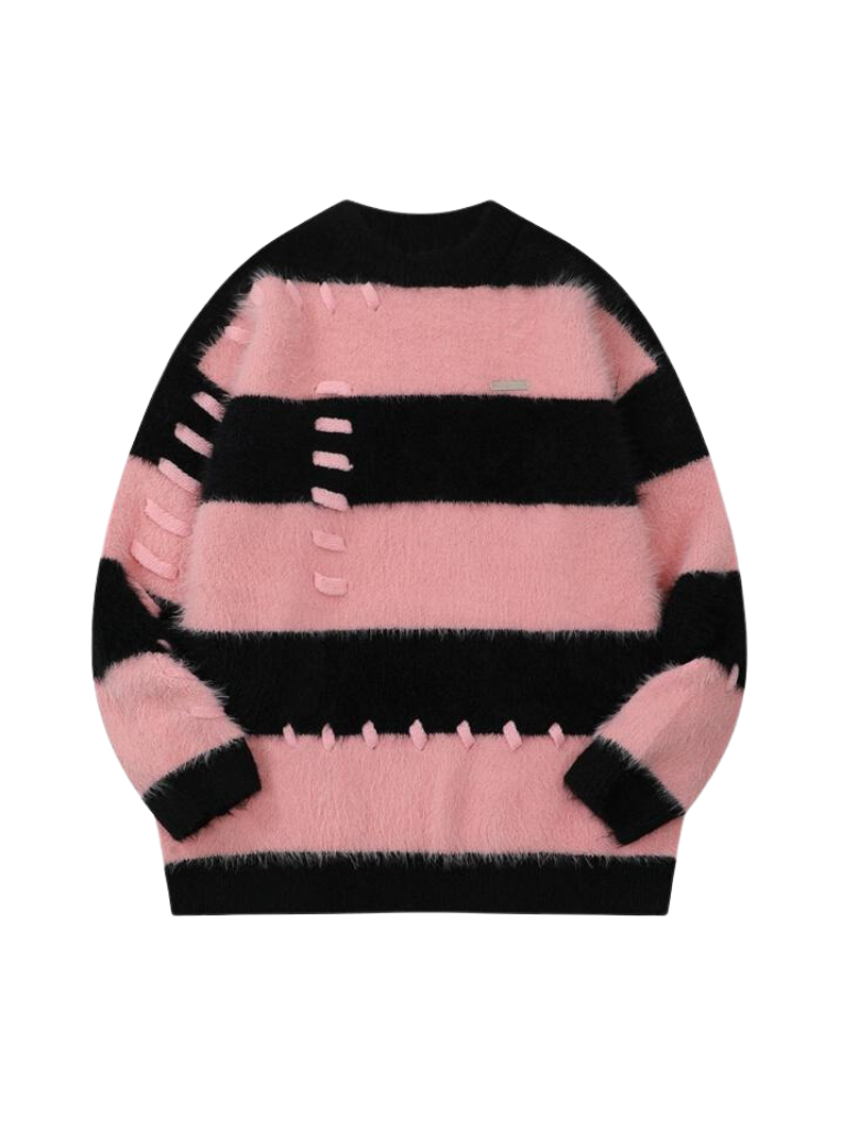 Lazy Loose Stripe Colorblock Pullover Wool Sweater