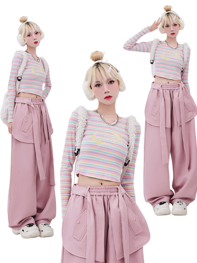 Retro Color Stripe Embroidery Short Top + Pink Flap Pants