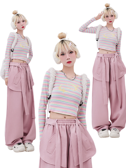 Retro Color Stripe Embroidery Short Top + Pink Flap Pants