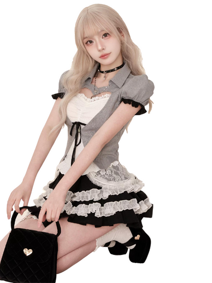 Black and white love letter [3.18 at 20 o'clock new + new products 95% off] gray top + white suspenders + black cake skirt