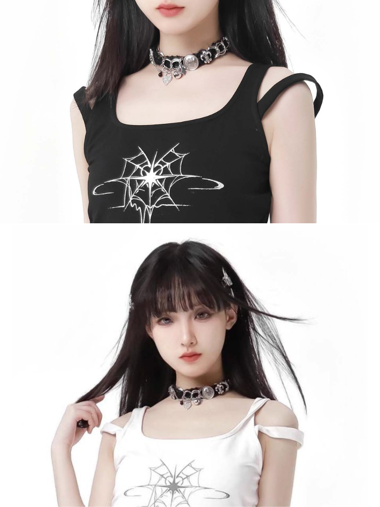 Spider Web Rabbit Ear Chain Strap Hoodie + Slim Suspender Dress