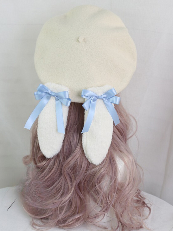 Fur Ribbon Colorful Bunny Beret