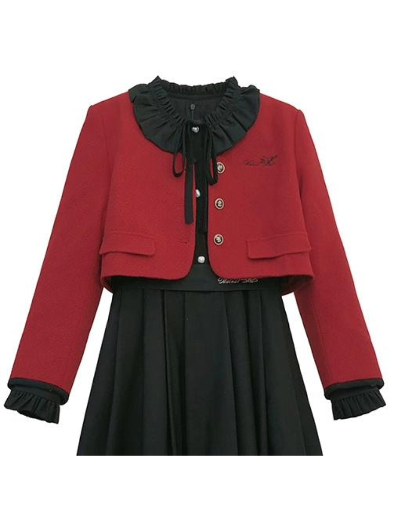 Retro Elegant Suit Red Short Jacket + Black Ruffle Lantern Sleeve Dress + Ribbon Tie