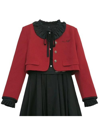 Retro Elegant Suit Red Short Jacket + Black Ruffle Lantern Sleeve Dress + Ribbon Tie