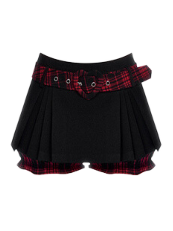 Y2K Cool Spicy Check Belt Inner Pants Inverted Pleated Skirt