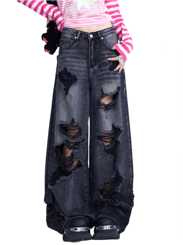High Street Black Wash Ripped Wide Leg Jeans