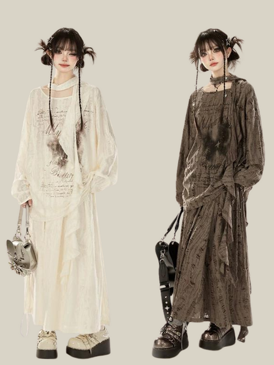 11SH97 wasteland style suit, butterfly print blouse, blouse + large skirt, lazy T-shirt, long skirt two-piece set