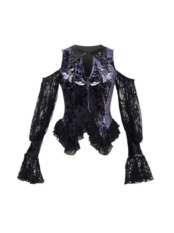 Lunaf Velvet Embroidered Pointed Collar Lace Bell Sleeve Gothic Top