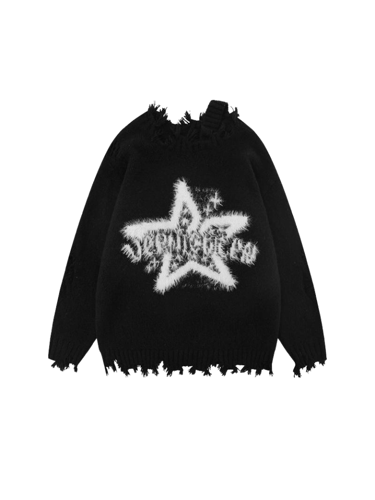 American Retro Lazy Star Off-Shoulder Ripped Knit