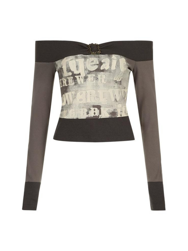 グレーコントラストカラーワンショルダープリントトップス