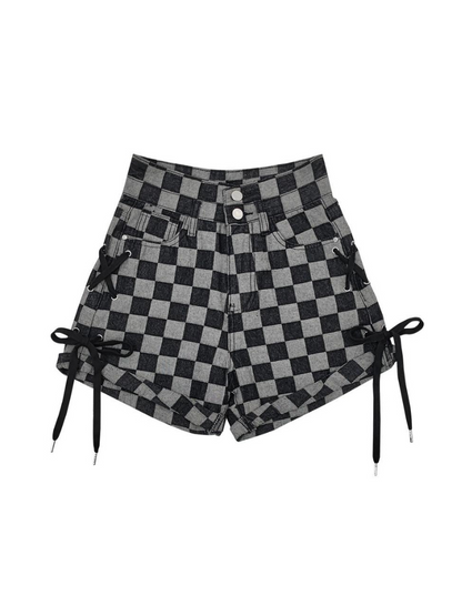 Maoyuan original [free format] checkerboard high waist denim wide leg cuffed shorts strappy women's summer cool