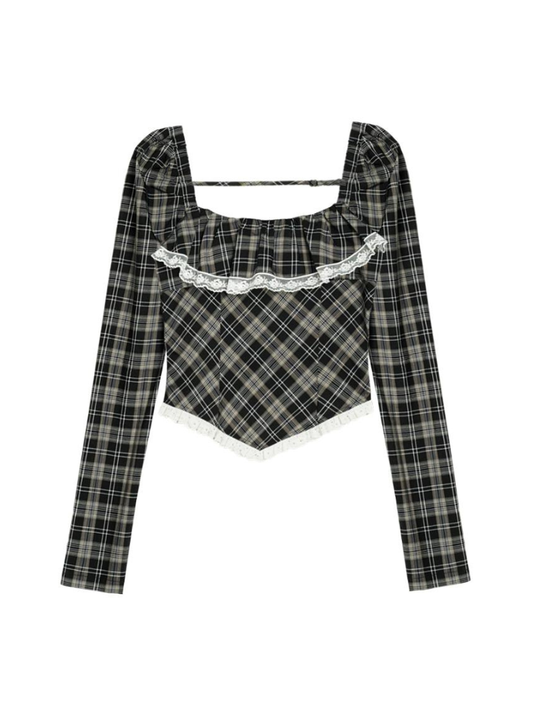 SagiDolls Girl's Fighting Spirit Gentle and Pure Desire, Square Neck Checkered Long-sleeved Shirt Top Versatile Thin and Sweet Spring