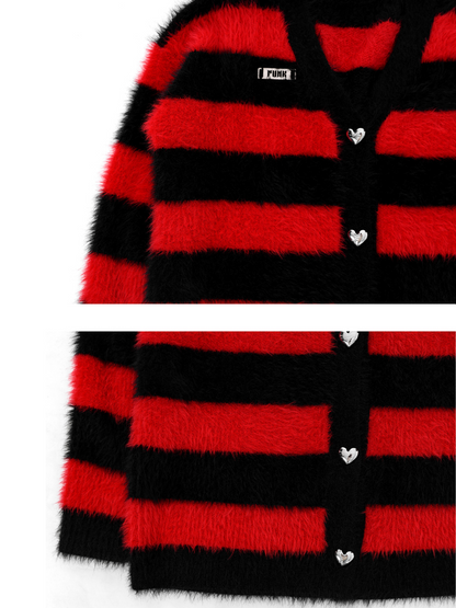 Little Devil Colour Red Black Faux Fur Stripe Punk Knit Cardigan