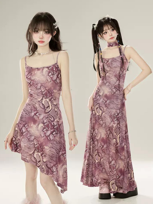 11SH97 smudge print slip dress, salt wear, hot girl waist design, mid-length large swing long skirt