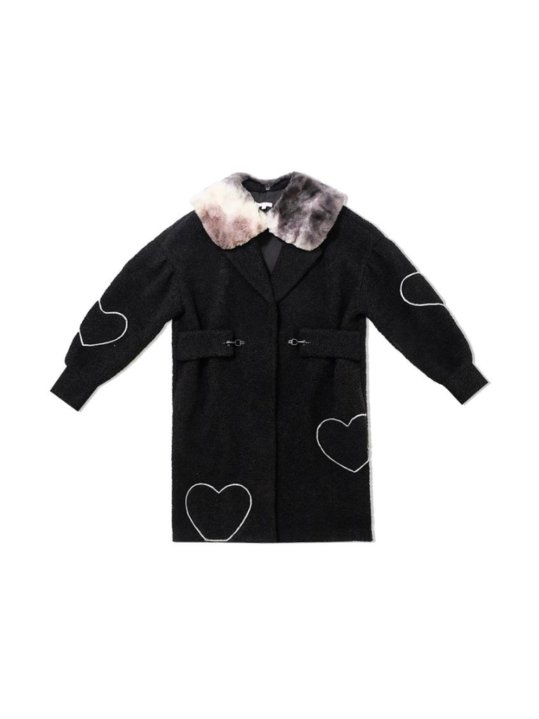 Black Fur Collar Polar Fleece Mid Length Lamb Wool Coat