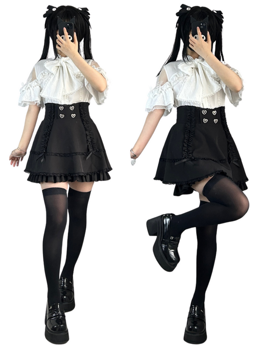 Collection April on / mine series mass production original Japanese sweet lace bow off-the-shoulder short-sleeved shirt