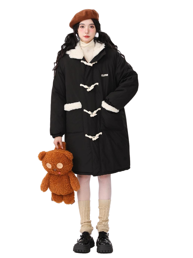 Horn Button Lamb Wool Splicing Hooded Cotton Coat