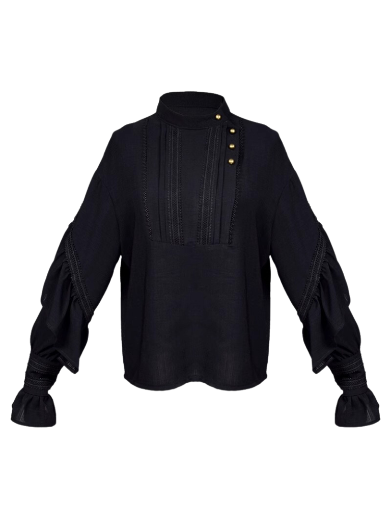 Retro Loose Lazy Drop Shoulder Lace Trim Ruffle Black Chiffon Shirt