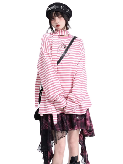 Long T with Hollow Out Pin Decoration Loose Stripe Scarf