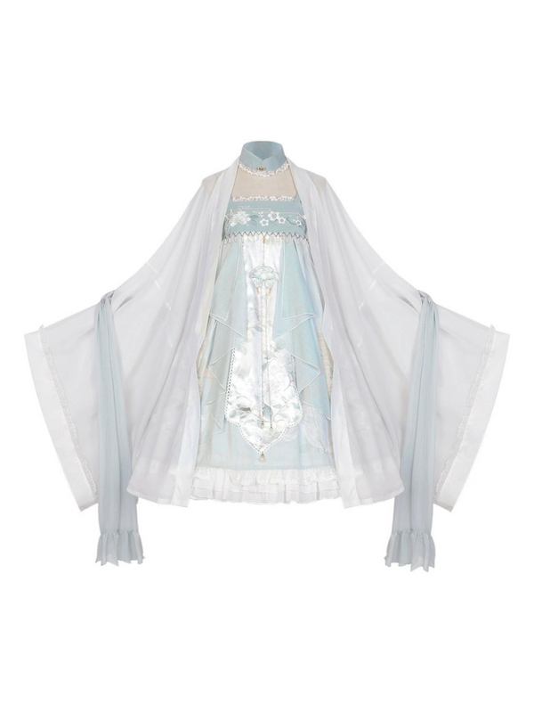 アイスブルーチャイナワンピース＋シアーシャツ＋ショール