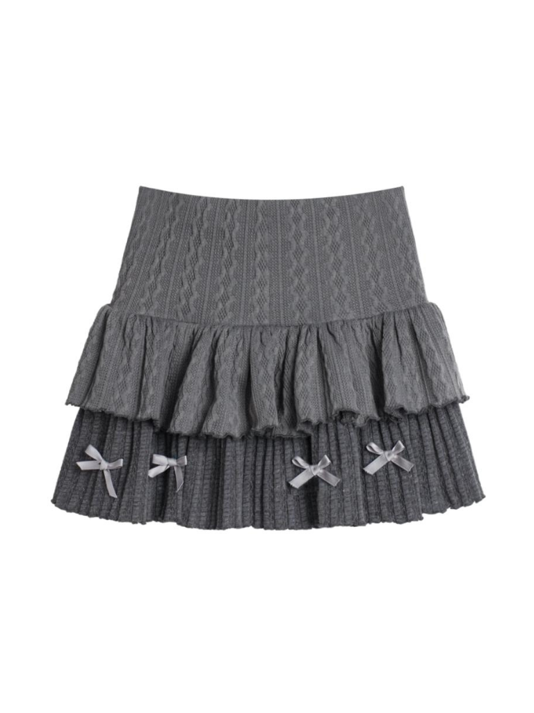 Gray Knit High Waist Ribbon Skirt