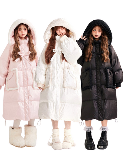 Boa Hoodie Sweet Ribbon Drawstring Long Down Coat