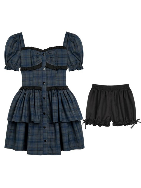 Check puff sleeve dress + shorts