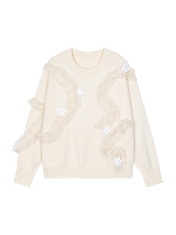 フレンチパストラルフリルフラワーオーバーニットセーター